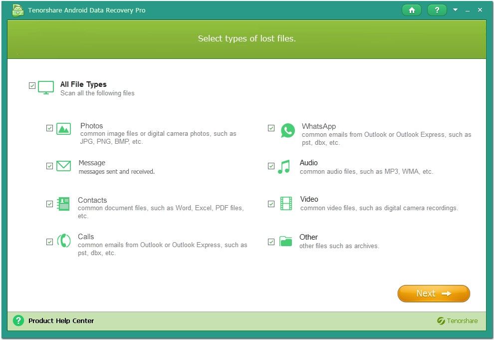 select lost file types for scan